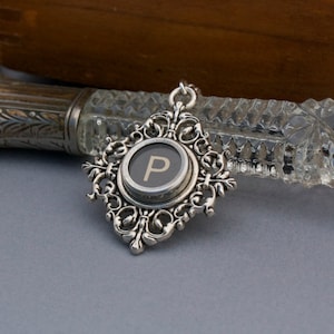 Typewriter Key Necklace - Vintage Black Typewriter Key-Typewriter Key Jewelry-Letter &quot;P&quot; Key Pendant-Glass Covered Letter P-Intial Letter P