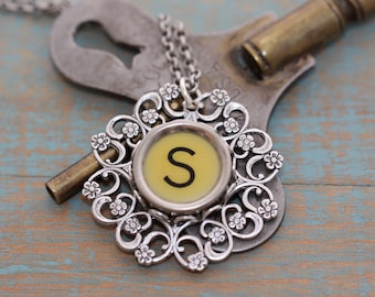 Typewriter Key Necklace -Vintage Buttery White  Letter "S" Necklace-Typewriter Letter S Pendant-Vintage Typewriter Key Necklace