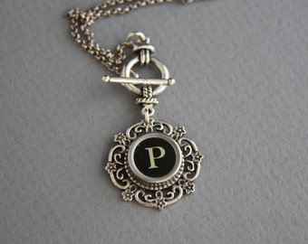 Typewriter Key Necklace - Vintage Black Key P- Letter "P"-Glass Covered Letter P-Toggle Clasp-Intial Letter P