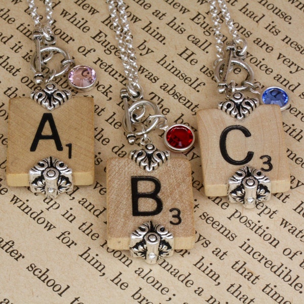 Choice Scrabble Letter Necklace-A B C D E F G H I L NO P Q R S T U V W X Y Z Scrabble Tiles-Scrabble Tile Pendant-Birthstone Tile Necklace