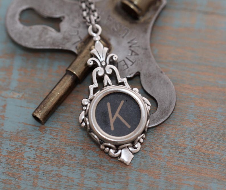 Choice Typewriter Key Necklace-Typewriter K Letter Jewelry Vintage Aged Black Letter-Typewriter Key-Typewriter Letter K Pendant-Glass Top image 2