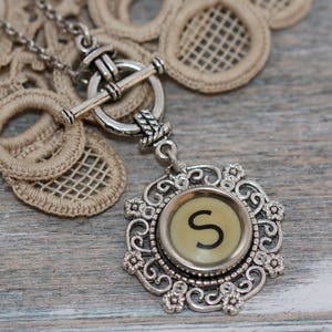 Typewriter Key Necklace -Vintage Buttery White Letter "S"-Typewriter Key Letter S Pendant-White Typewriter Key Letter S-Toggle Closure