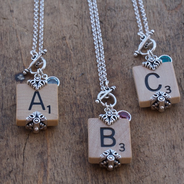 Choice Scrabble Letter Necklace-A B C D E F G H I L NO P Q R S T U V W X Y Z Scrabble Tiles-Scrabble Tile Pendant-Birthstone Tile Necklace