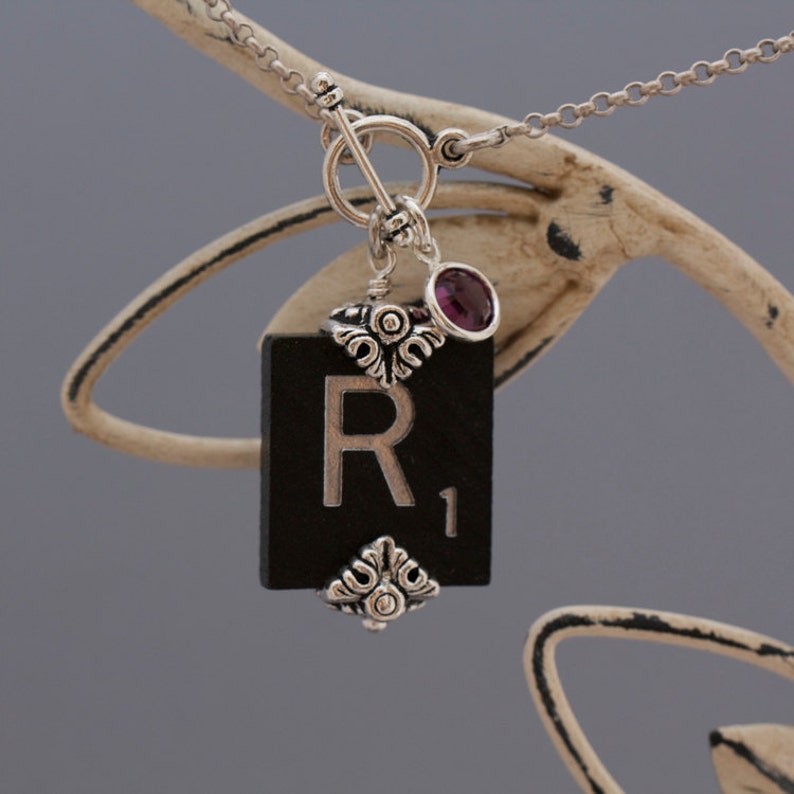 Choice Scrabble Letter Necklace-Choice A B C D E F G H I L N O P Q R S T U V W X Y Z-Black Scrabble Necklace-Birthstone Swarovski Element image 3