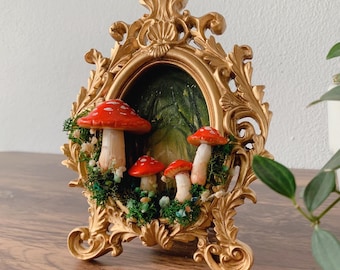 Mushroom Terrarium Shadow Box, Vintage Handmade Oil Painting of Mushrooms, Fairytale Red Amanita Mushroom Forest, 70s Cottagecore Home Decor