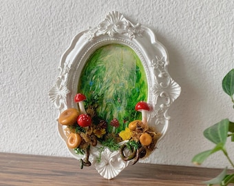 3D Mushroom Forest Painting, Terrarium Art Hand Painted Oil Painting Shadow Box, Unique Fairycore Cottagecore Gift, Original Wall Art