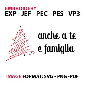Può includere: Sfondo bianco con testo rosso «RICAMO» e «FORMATO IMMAGINE: SVG - PNG - PDF». L'immagine include anche il testo «EXP - JEF - PEC - PES - VP3» e «anche a te e famiglia». Un disegno di albero di Natale rosso è a sinistra.