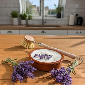 Op de afbeelding: Een afwasborstel met houten handvat en ronde borstelkop ligt op een houten oppervlak naast een kleine, bruine kom gevuld met wit poeder en takjes paarse lavendel. Er zijn ook twee bosjes lavendel aanwezig.