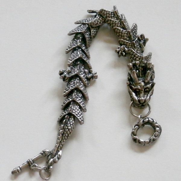 Upcycled silver Chinese Dragon bracelet with toggle clasp
