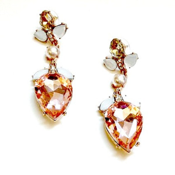 vintage gold pink and pearl rhinestone bridal drop earrings antique retro wedding earrings, pink rhinestone with pearl and gold accents