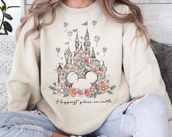 Floral Castle Png, Happiest Place On Earth, Family Vacation Shirt Design (Digital Download)
