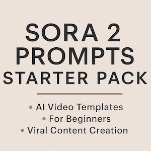 May include: A beige graphic with the text "SORA 2 PROMPTS STARTER PACK" in black. Below, bullet points list "AI Video Templates," "For Beginners," and "Viral Content Creation."
