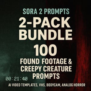 May include: A digital graphic with the text "SORA 2 PROMPTS" and "2-PACK BUNDLE 100" in white. Below, it reads "FOUND FOOTAGE & CREEPY CREATURE PROMPTS" and "AI VIDEO TEMPLATES, VHS, BODYCAM, ANALOG HORROR". The background is split, with a dark green and red side.