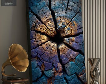 Abstract Tree Ring Canvas Art | Blue Gold Cracked Wood Texture Print