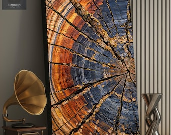 Abstract Tree Ring Canvas Print | Burnt Orange Copper Blue Wood Grain Wall Art