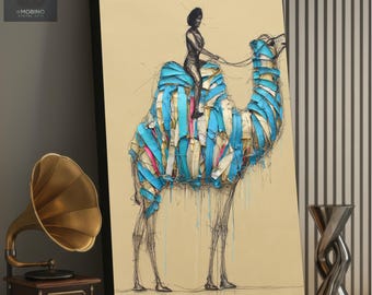 Abstract Camel Riding Camel Canvas Print – Turquoise Blue Sketch Art
