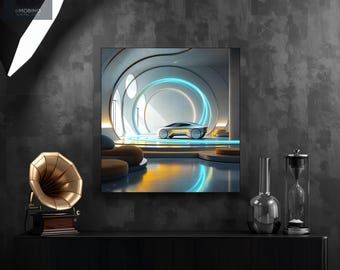 Futuristic Car Aluminum Wall Art, Neon Tunnel Concept Garage Print, Modern Metal Decor, Man Cave Wall Art