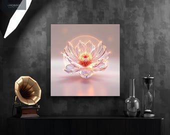 Rose Gold Crystal Lotus Aluminum Wall Art, Glowing Glass Flower Metal Print, Blush Zen Decor, Spa Wall Art