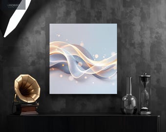 Blue and Gold Wave Aluminum Wall Art, Soft Abstract Ribbon Metal Print, Pastel Calm Decor, Bedroom Wall Art