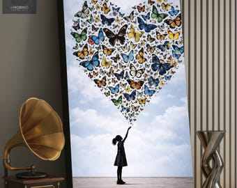 Butterfly Heart Canvas Art | Girl Silhouette Romantic Print | Modern Boho Wall Decor
