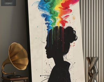 Modern Sumi-E Cyberpunk Canvas Art - Ink Silhouette with Rainbow Vapor - Luxury Poster Feel