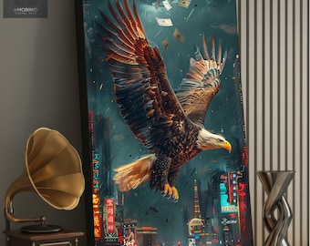 Freedom Still Flies | Bald Eagle in Neon City, Futuristic Wall Art Canvas