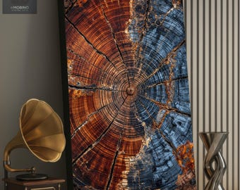 Abstract Tree Ring Canvas Art – Split Tone Wood Slice Wall Decor, Rustic Nature Print