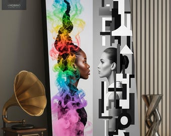Two Women Profile Canvas Wall Art, Rainbow Smoke and Monochrome Print, Contrast Portrait Decor, Modern Wall Art
