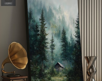 Misty Forest Cabin Canvas Wall Art | Serene Woodland Landscape Print, Rustic Nature Decor