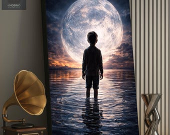 Surreal Moonlit Child Canvas Art – Dreamscape, Cinematic Atmosphere, Mystical Night Sky Print