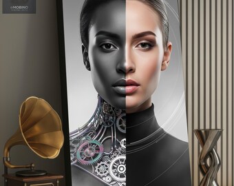 Half Robot Woman Canvas Wall Art, Split Face Portrait Print, Black and White Gear Decor, Tech Office Wall Art