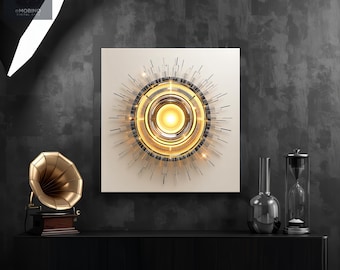 Gold Sunburst Aluminum Wall Art, Radiant Disc Metal Print, Art Deco Cream Decor, Modern Entryway Wall Art