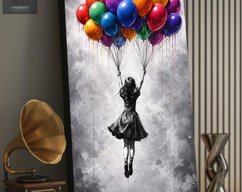 Vibrant Balloon Girl Canvas Art – Black & White Abstract Wall Art