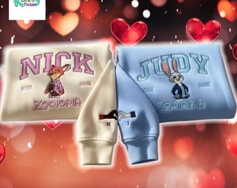 Nick And Judy Disney Embroidered Sweatshirt, Cute WDW Couple Matching Shirt, Zootopia Fan Gift, Gift for Anniversary or Valentine