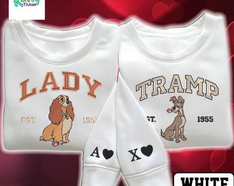 Personalization Lady and Tramp Disney Valentine Embroidered Sweatshirt, Disney Couple Sweater, Cute Lady & Tramp Shirt, Disney Love Gift