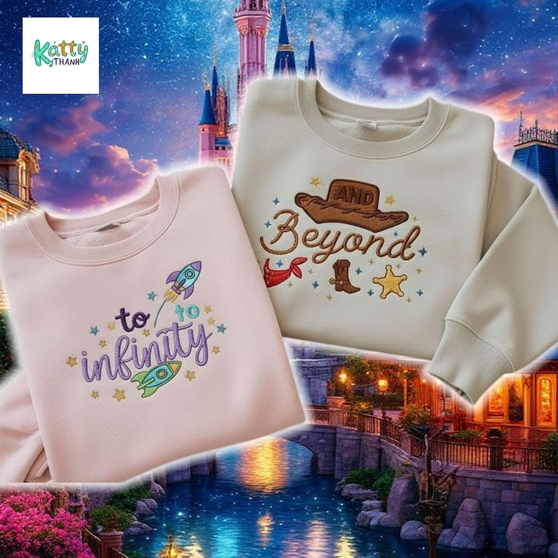 two sweatshirts with embroidered designs, set against a backdrop of a castle and a starry night sky.