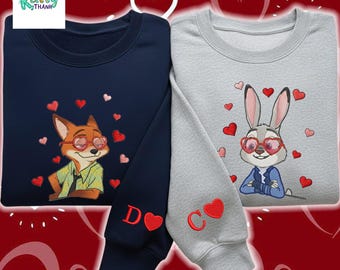 Nick and Judy Zootopia Valentine Sweatshirt, Disney Couple Matching Shirts, Embroidered Couple Gift, Zootopia Love Crewneck, Heart Glasses