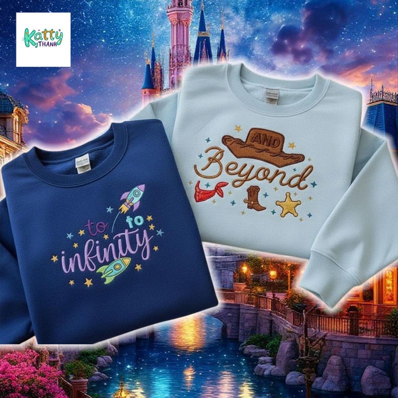 two sweatshirts with different designs, one with a rocket ship and the other with a cowboy hat and stars, set against a backdrop of a castle and a starry night sky.