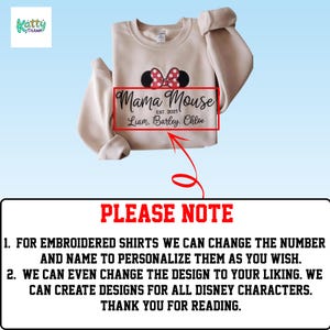 a beige sweater with a red and white Minnie Mouse design, along with a note that provides instructions for customizing the shirt.