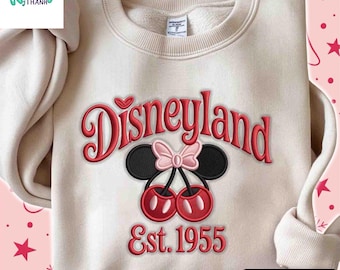 Disneyland Est 1955 Coquette Mickey & Minnie Cherry Embroidered Sweatshirt, Mickey Mouse Embroidered Sweatshirt, Disneyland Sweatshirt