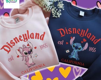 Custom Embroidered Stitch and Angel Valentine Sweatshirt, Disney Couple Hoodie, Cute Disneyland Love Embroidery Gift