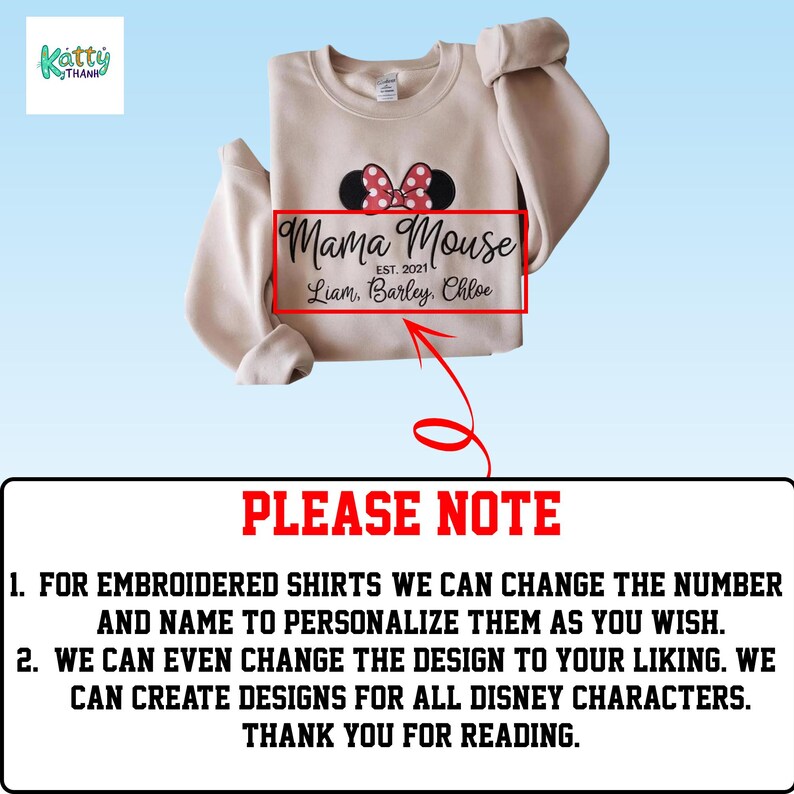a beige sweater with a red and white Minnie Mouse design, along with a note that provides instructions for customizing the shirt.