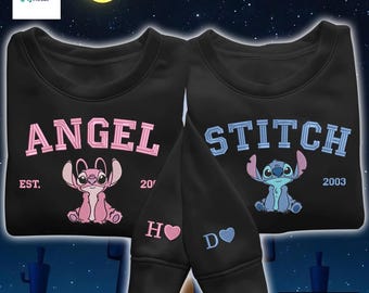 Embroidered Stitch Angel Couple Shirt, Matching His And Hers Sweatshirt Hoodie T-Shirt, Custom Name Date Love Gift
