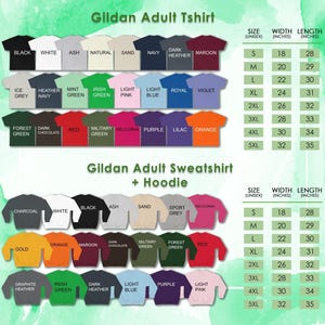 a collection of adult t-shirts and sweatshirts in various colors and sizes, including a Gildan Adult T-shirt and a Gildan Adult Sweatshirt with a hoodie.