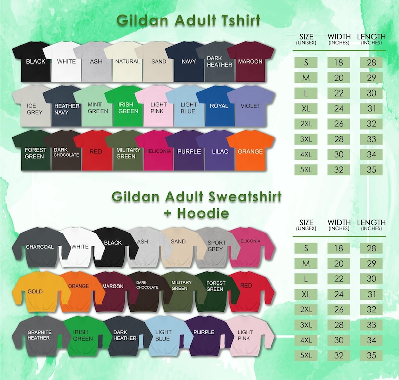 a collection of adult t-shirts and sweatshirts in various colors and sizes, including a Gildan Adult T-shirt and a Gildan Adult Sweatshirt with a hoodie.