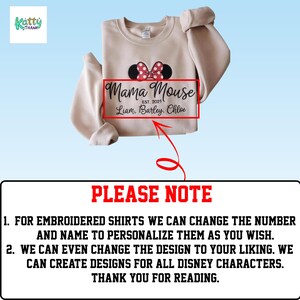 a beige sweater with a red and white Minnie Mouse design, along with a note that provides instructions for customizing the shirt.