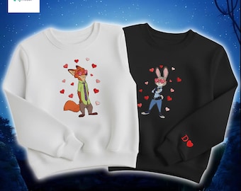 Embroidered Nick Wilde Judy Hopps Couple Sweatshirt, Zootopia Matching His And Hers Shirt, Custom Initial Sleeve Love Gift