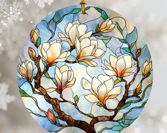 Adorno atrapasol de vitral de magnolia, decoración colgante de ventana acrílica redonda, regalo de arte de pared floral de primavera para su hogar