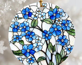 Blue Forget Me Not Floral Ceramic Hanging Ornament, Round Stained Glass Style Suncatcher for Window or Wall, Nature Inspired Gift Decor