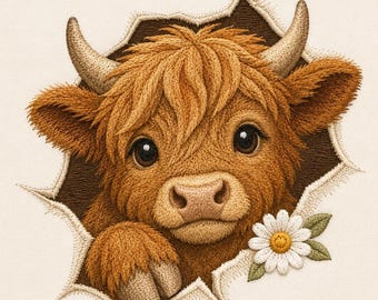 Highland Cow Embroidery Design, Cute Farm Animal Cottagecore Rustic Floral Whimsical Daisy Portrait (Digital File)